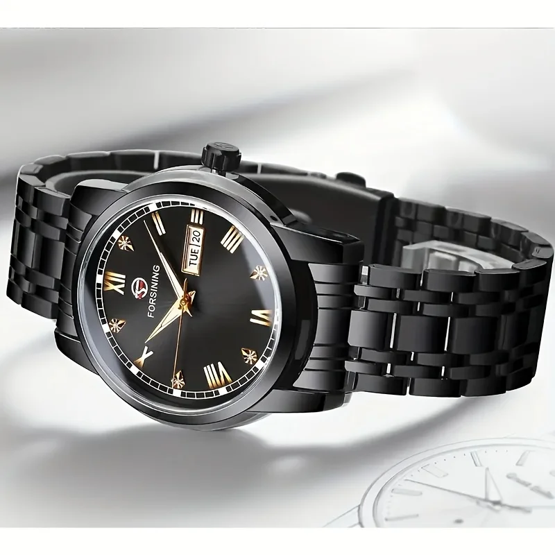 Orologio meccanico automatico da uomo di lusso di alta gamma - Stile business, visualizzazione del calendario alla moda, cassa in lega e cinturino in acciaio inossidabile, elegante design ritagliato_voghion.com