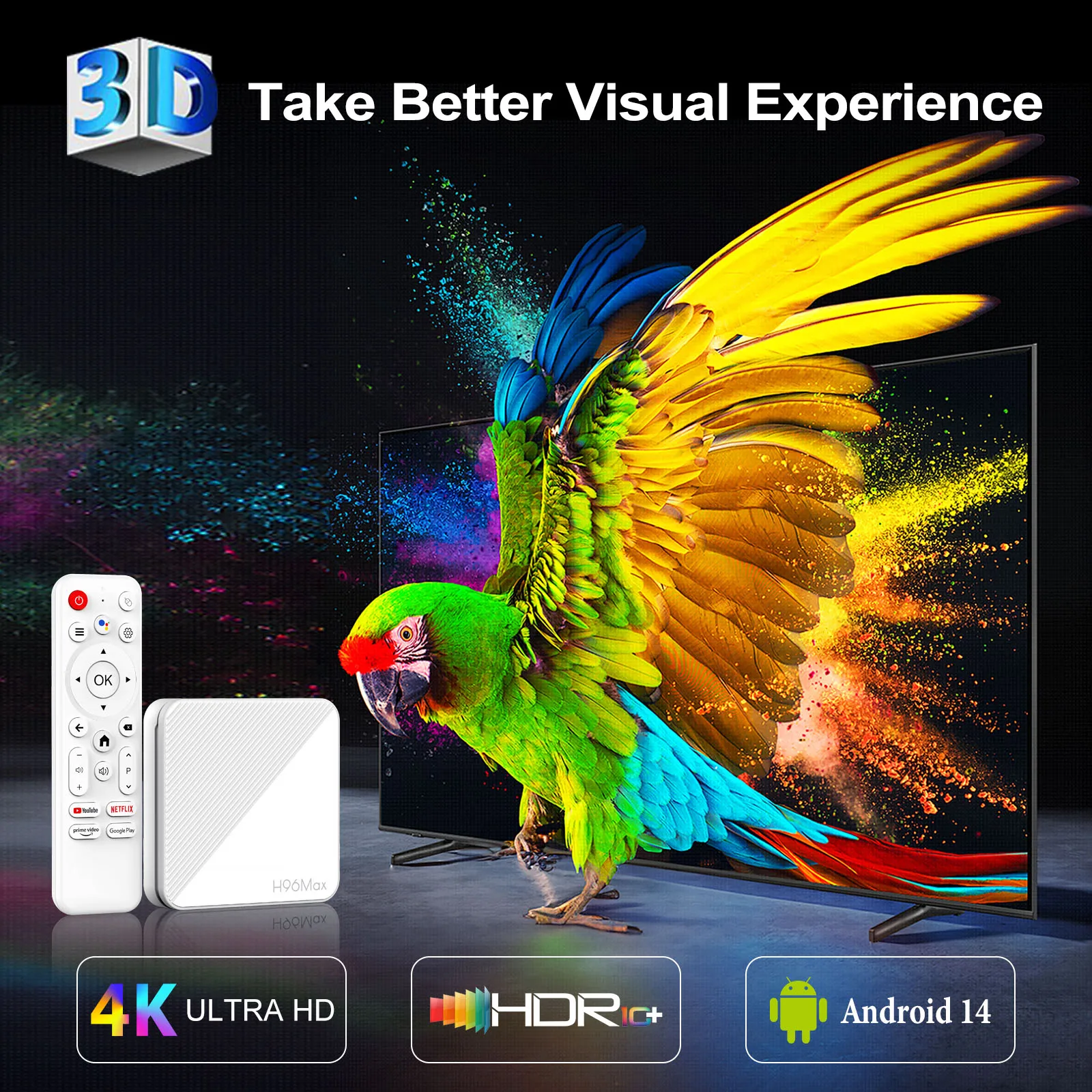 TV Box Android 14.0 H96 MAX H313 Quad Core ARM Cortex A53 Support BT Remote Cont