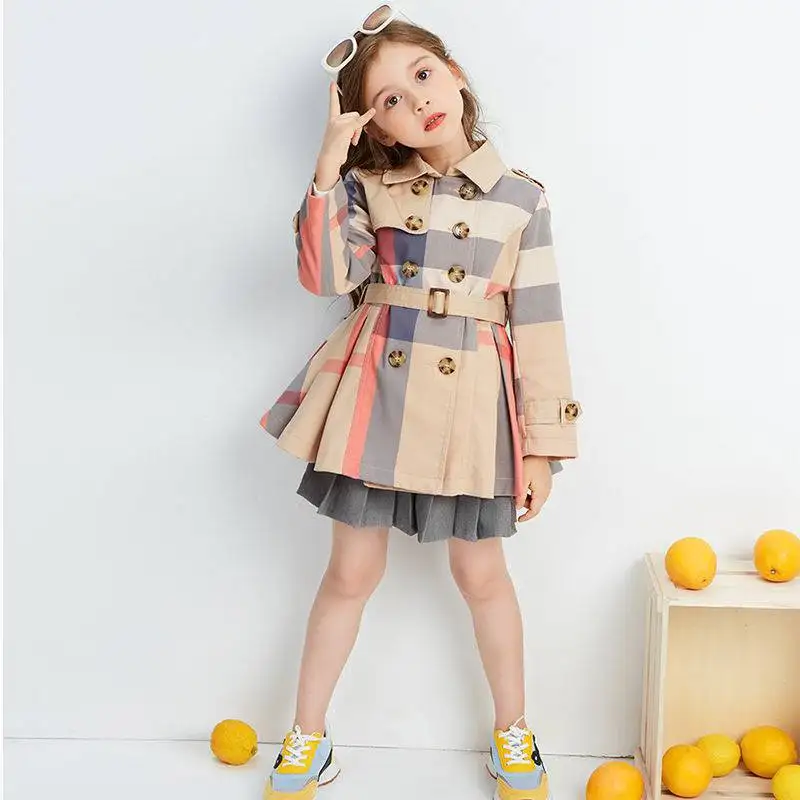 Kids Jacket Girls Trench Coats Spring Autumn Girls Trench Coat New Teenage Long Sleeve Trench Jacket Double Breasted Belted Windbreaker Kids Plaid Coat 2-12Y