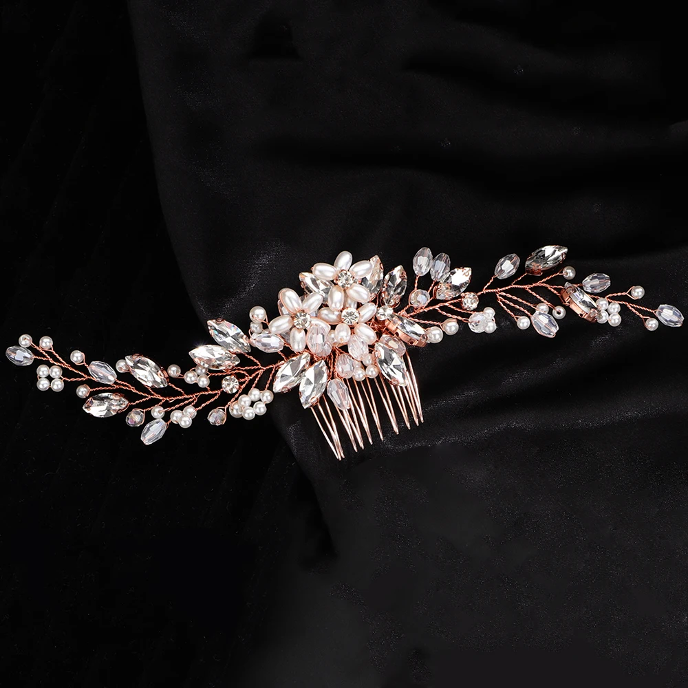 Fashion Silver Gold Rhinestone Pearl Bridal Hair Comb Handmade Crystal Wedding Hair Accessories Headpiece for Women Party Tiaras Hair Accessories Bridal Hair Accessories