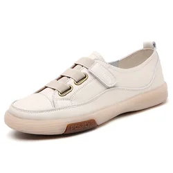 Handmade Genuine Leather Women Soft Soled Hollow Sneakers Hook & Loop Skate Shoes Ladies Girl Student Vulcanized Flats Loafers