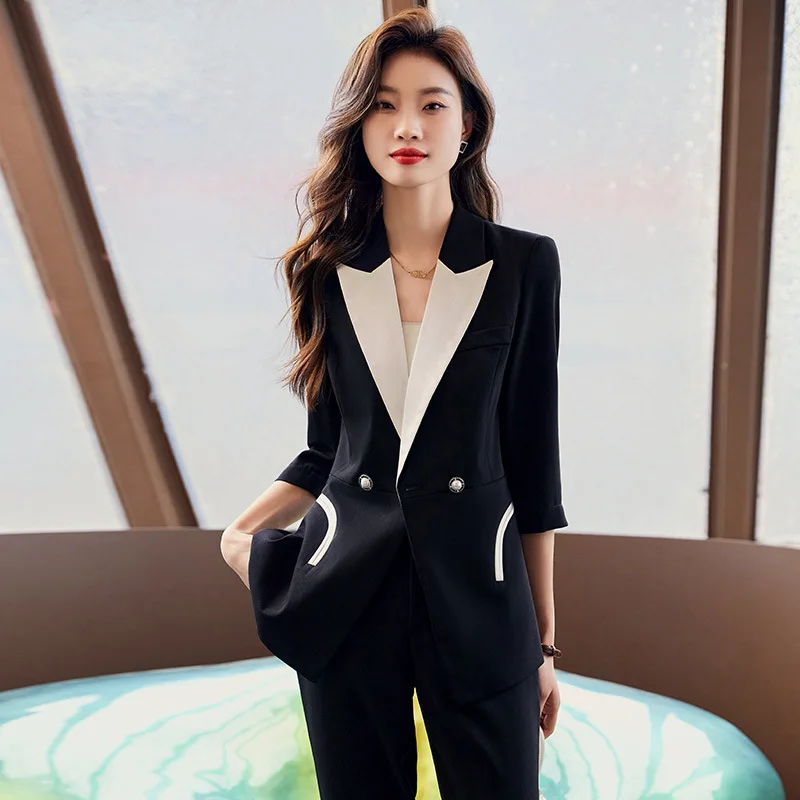 

Spring and Autumn new style fashion black contrasting color seven-point sleeve suit jacket women pants office sets two-piece