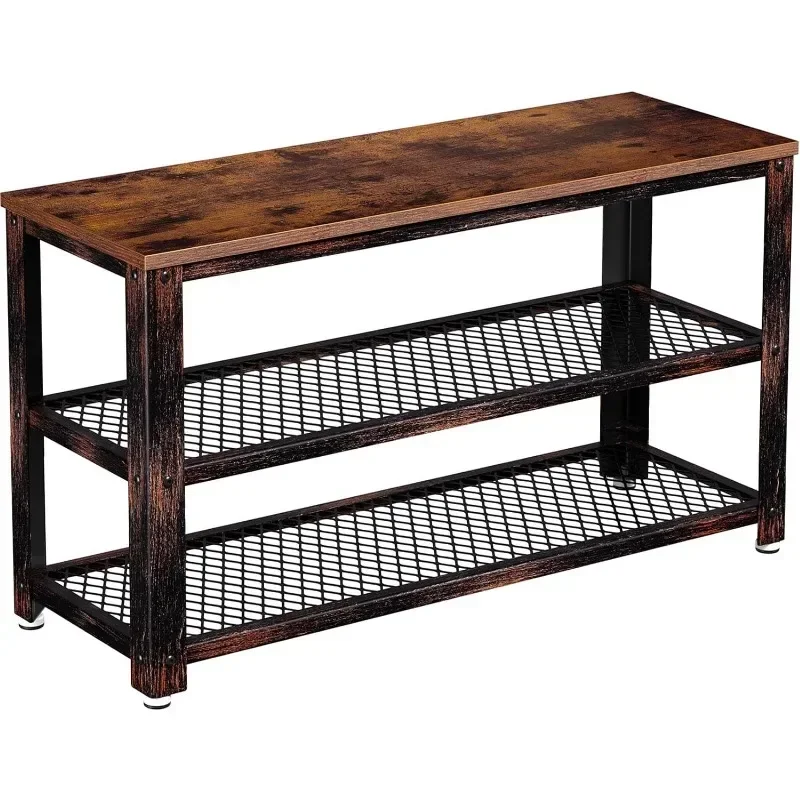 

Shoe Bench 3-Tier Shoe Rack 28.7” Storage Entry Bench with Mesh Shelves Wood Seat Rustic Foyer Bench