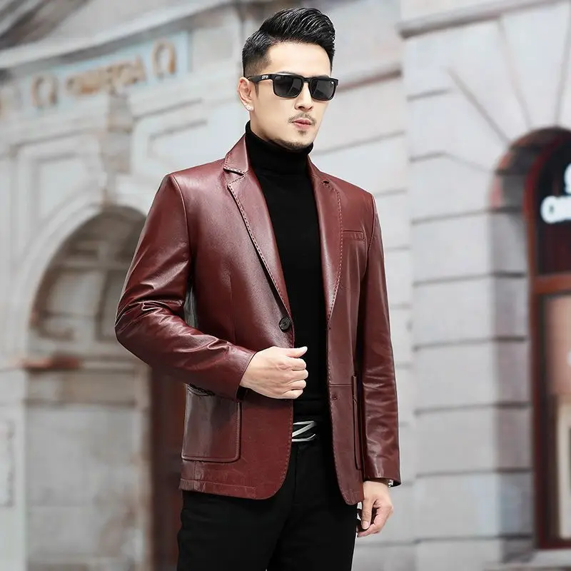 

2023 Top layer cowhide men's suit, Haining genuine leather jacket, slim fit leather jacket, autumn and winter business and leisu
