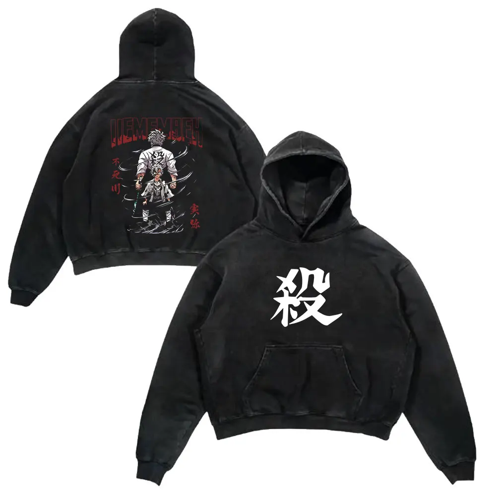 Anime Demon Slayer Retro Washed Hoodies Black Print Vintage Cotton Hooded Sweatshirts Oversize Hip Hop Male Pullover