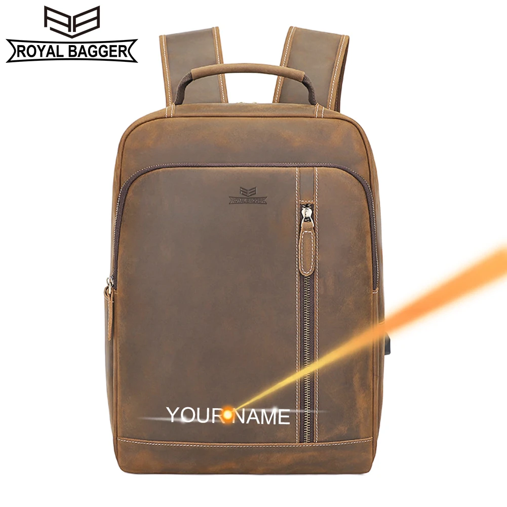 

Royal Bagger 15.6" Laptop Backpack for Men Crazy Horse Leather Genuine Cowhide Retro Business Travel with Charge Port 1383