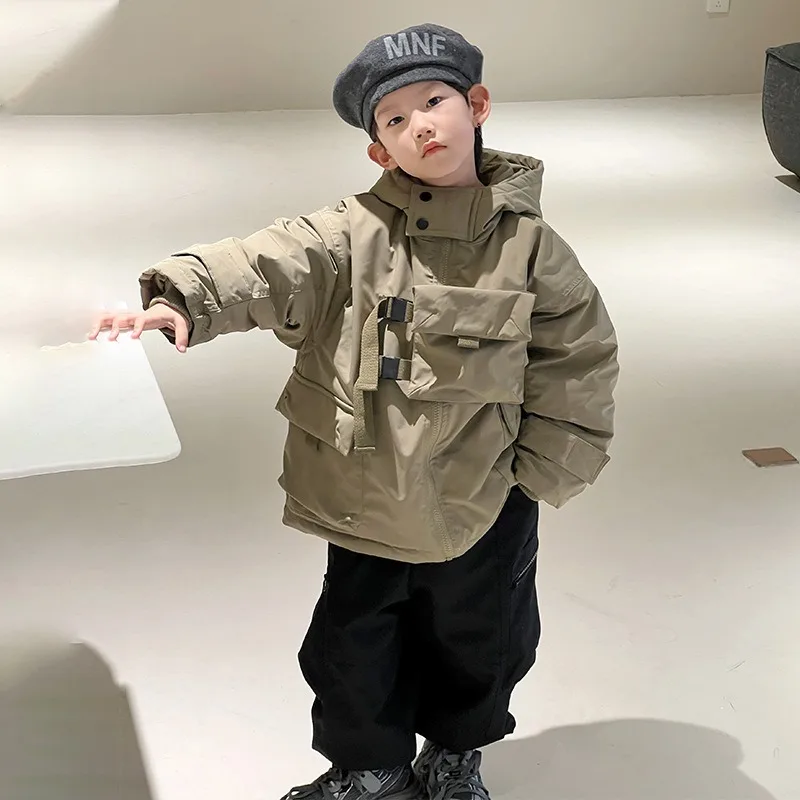 

Новый осенне-зимний цельный топ для мальчиков куртка на белом утином пуху модное пальто теплая универсальная уличная крутая куртка с капюшоном