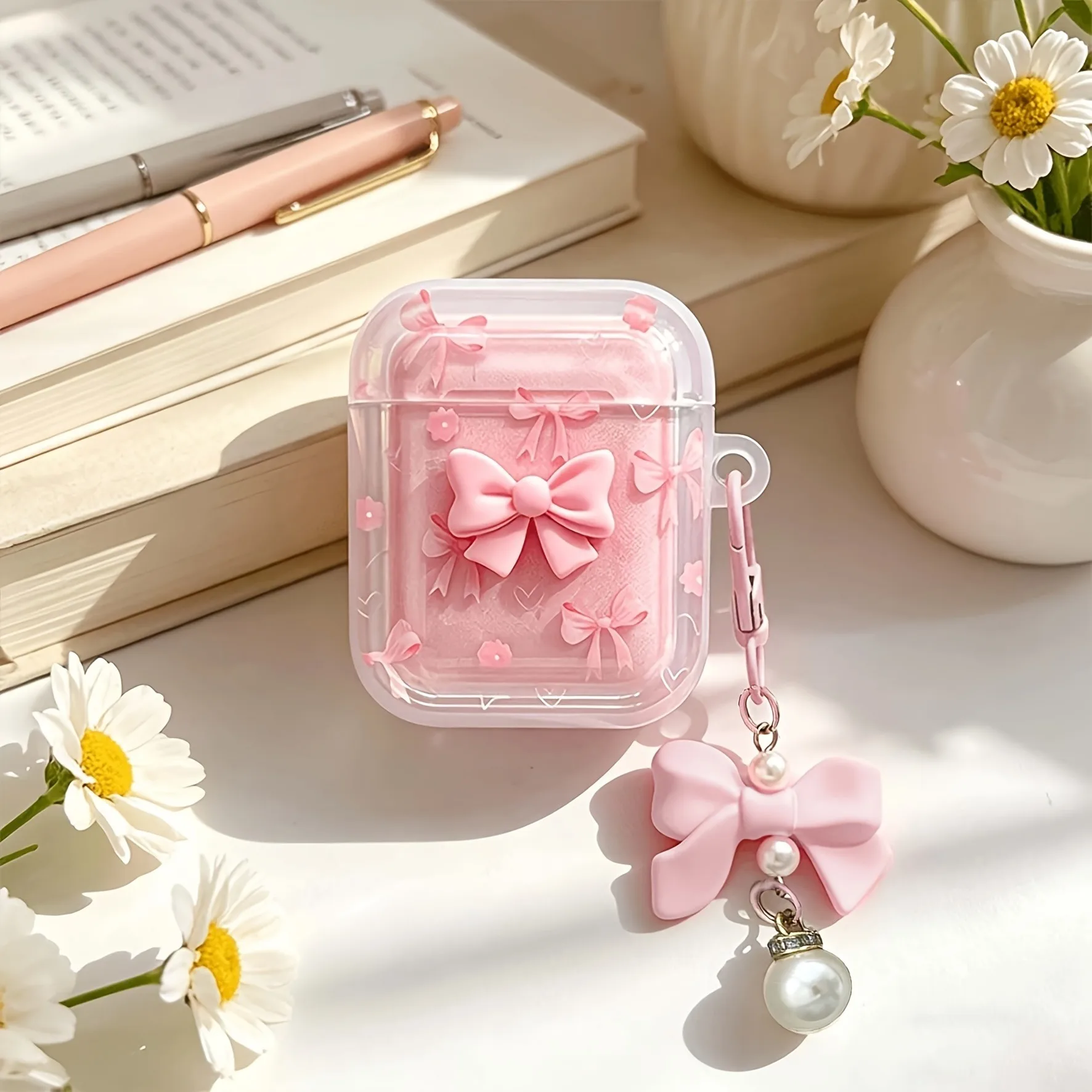 Cute Pink 3D Bow AirPods Case with Pearl Pendant Keychain - Image 2