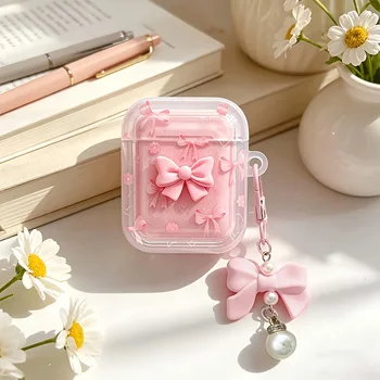 Alternative view of Cute Pink 3D Bow AirPods Case with Pearl Pendant Keychain