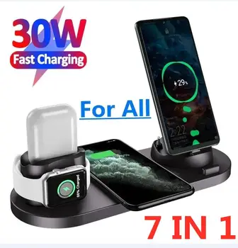 7 in 1 Wireless Charger Stand Pad For iPhone 14 13 12 Pro Max Apple Watch Airpods Phone Chargers 30W Fast Charging Dock Station