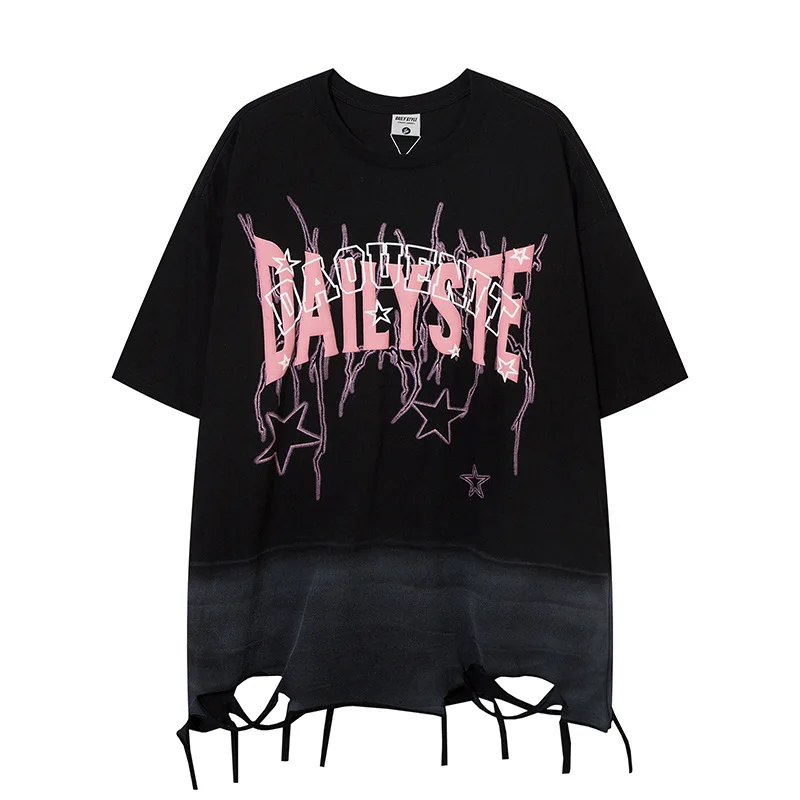 

Summer Ripped Star Printed T shirt Short Sleeves Oversized Hip Hop Streetwear Top Tees For Male Loose Fit