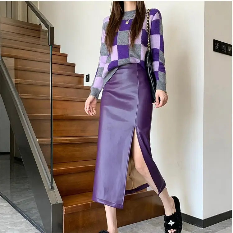 

Women Fashion Leather Sheath Skirts Elegant High Waist Side Slit Bodycon Purple Midi Skirt 2024 Autumn Sexy Slim Faldas Mujer