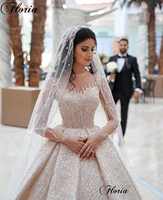 Middle East Shiny Wedding Dresses A-Line Dubai Glitter Long Sleeves Wedding Gowns Sweep Train Brides Dresses Robe De Mariée 1
