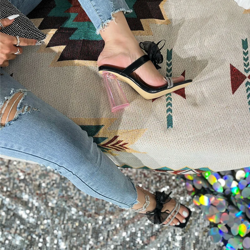 Kcenid Ladies Shoes Summer Crystal Narrow Band Butterfly-knot Slippers Woman Transparent Square Heel Party Zapatos De Mujer