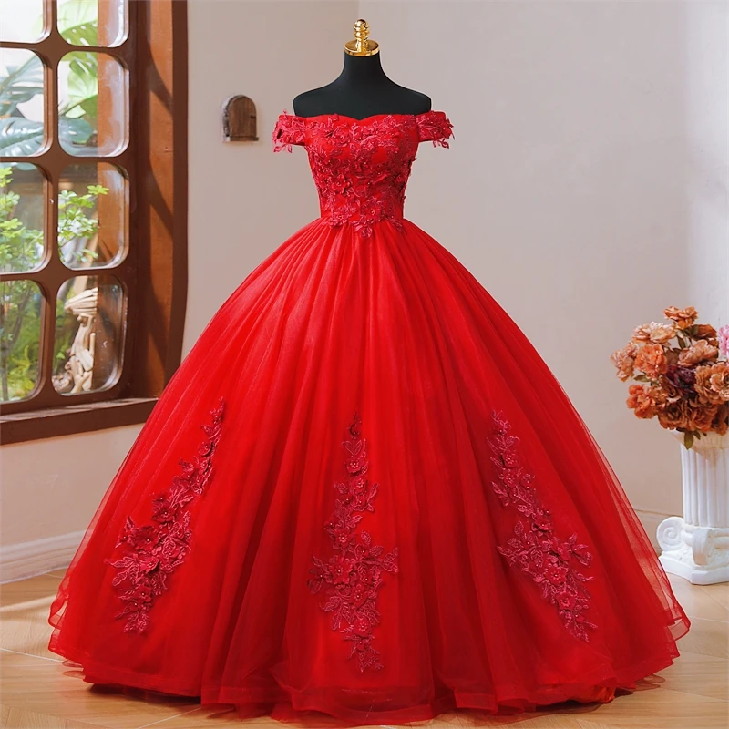 Summer New Red Quinceanera Dresses Sweet Flower Party Dress Luxury Lace Ball Gown Classic Boho Vestidos For Girls