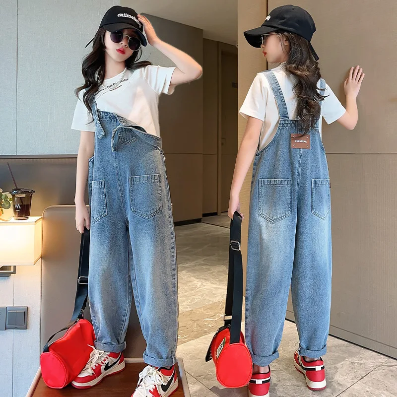 Girls Suspenders Jeans 2024 Spring Autumn Sweet Wide Leg