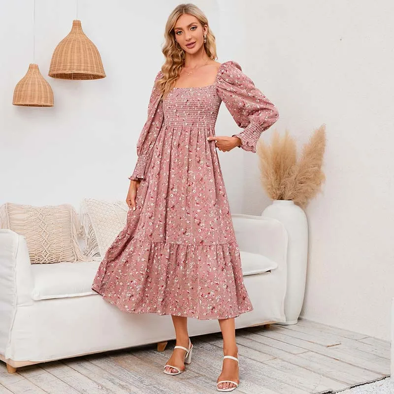 

2022 Autumn Maxi Floral Dress Women Elegant Long Party Dress Long Sleeve A-line Square Neck Print Dresses for Women