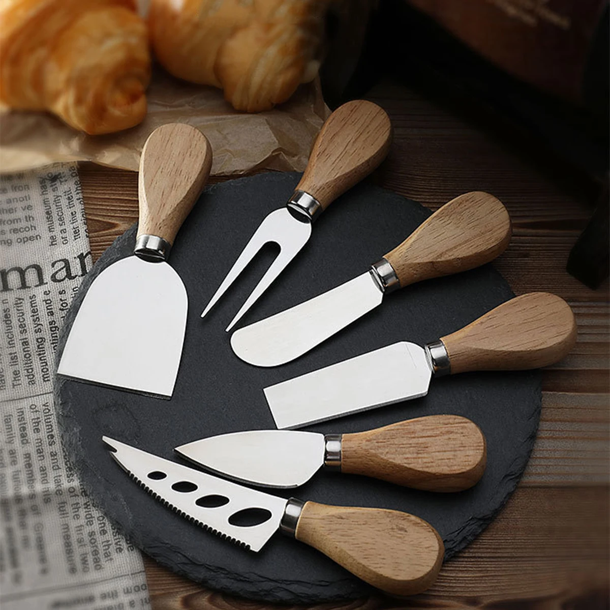 6-Piece Wooden Handle Stainless Steel Cheese Knife Butter Pizza Fork Butter and Cream
