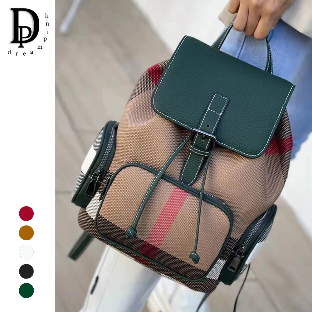 high-quality-stripes-canvas-women-backpack-retro-fashion-genuine-leather-female-shoulder-bag-daily-drawstring-casual-backpack