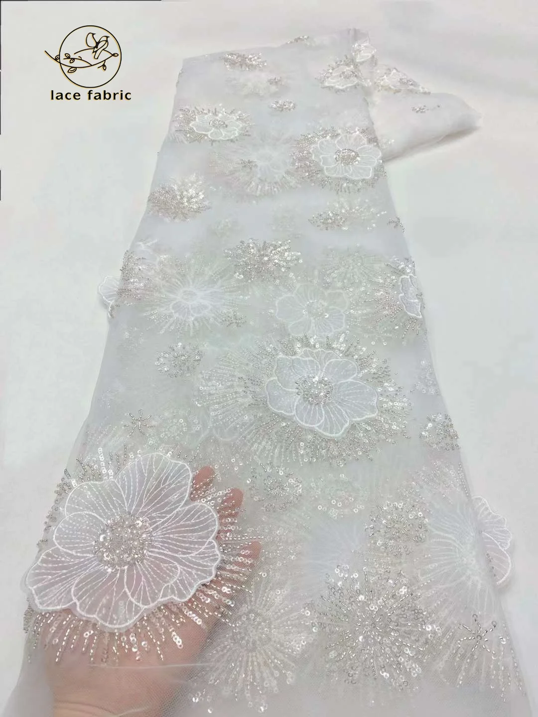 

3D Тюль с цветами, французское Тюлевое Белое кружево 2024, высококачественное кружево, африканская сетка с блестками, кружевная ткань из бисера, роскошное свадебное платье
