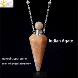 Natural Stone Cone Perfume Bottle Necklace with Healing Clear Quartz Crystal Pendant and Essential Oil Diffuser (Indian Agate S)