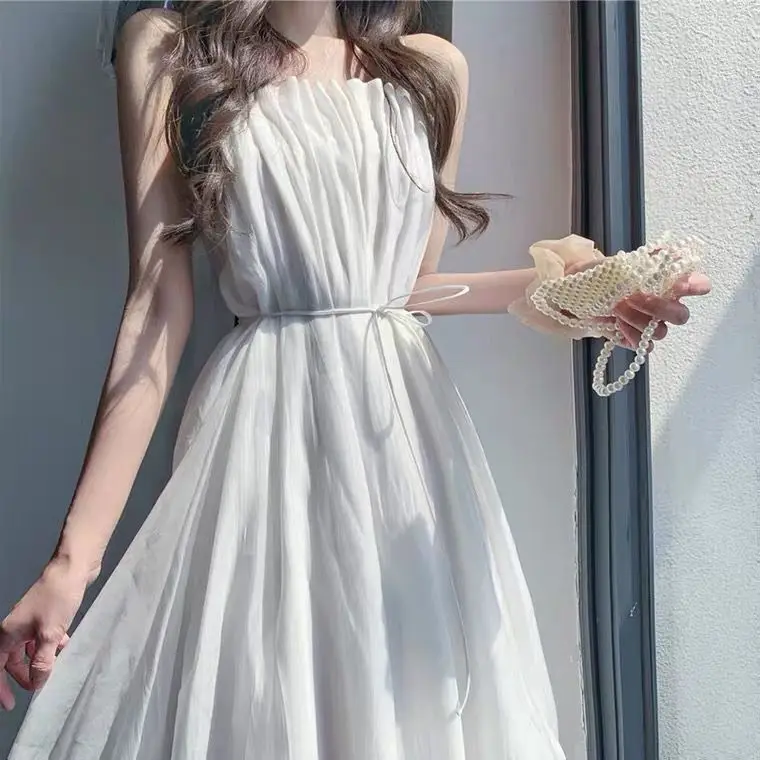

2022 Elegant White Sling Dress For Women Sleeveless High Waist Midi Dresses Female Summer Clothes New