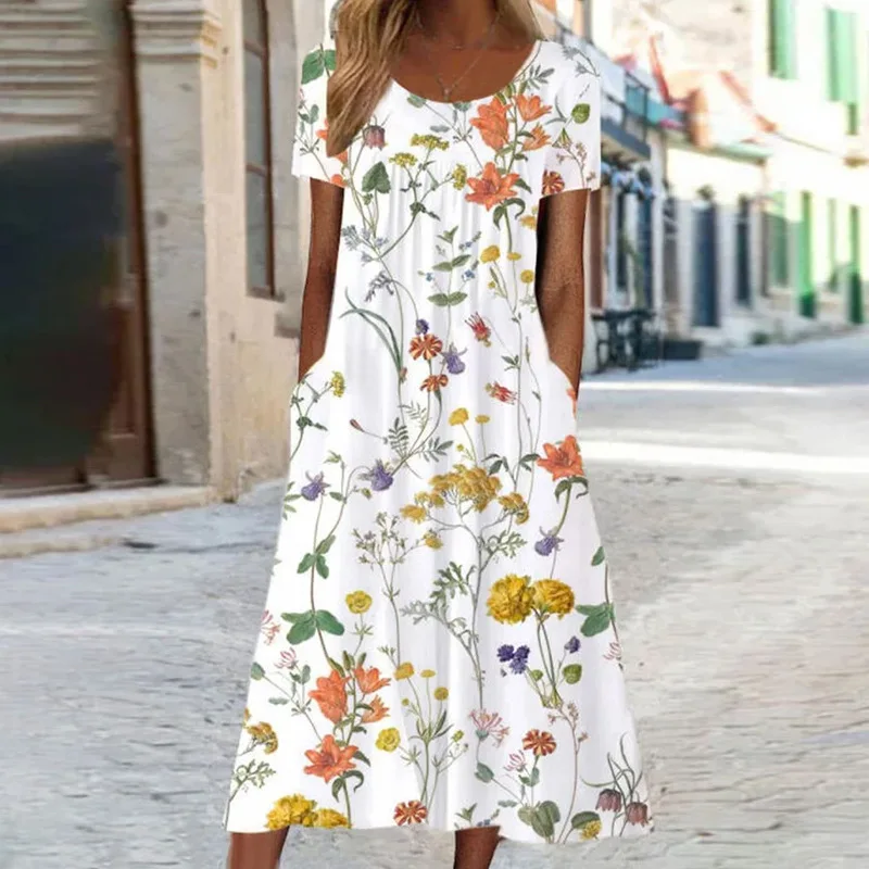 

New 2023 Summer Dress Women Flower Print Short Sleeved Long Dress Casual Fashion Loose Comfortable Dresses 2023