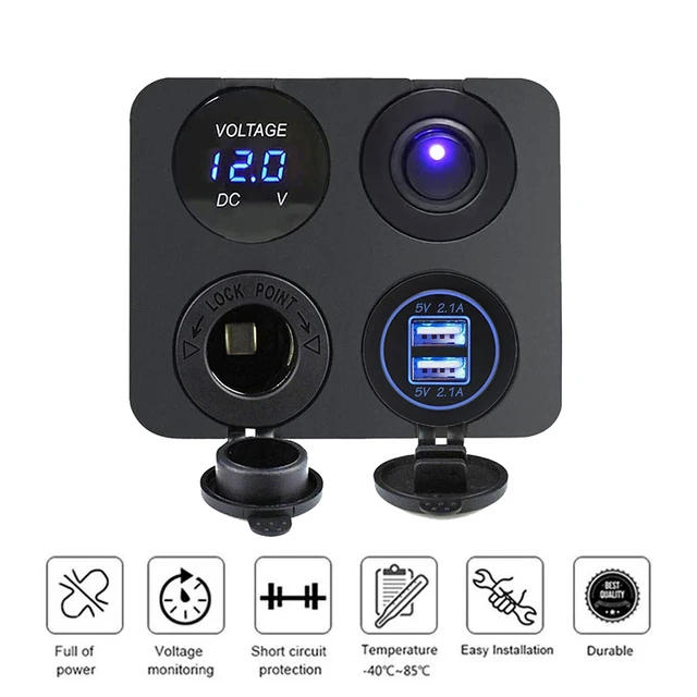 12V USB Panel Socket 4 in 1 Dual USB Charger with Rocker Switch Car Cigarette Lighter Digital Voltmeter for Car Boat Truck RV