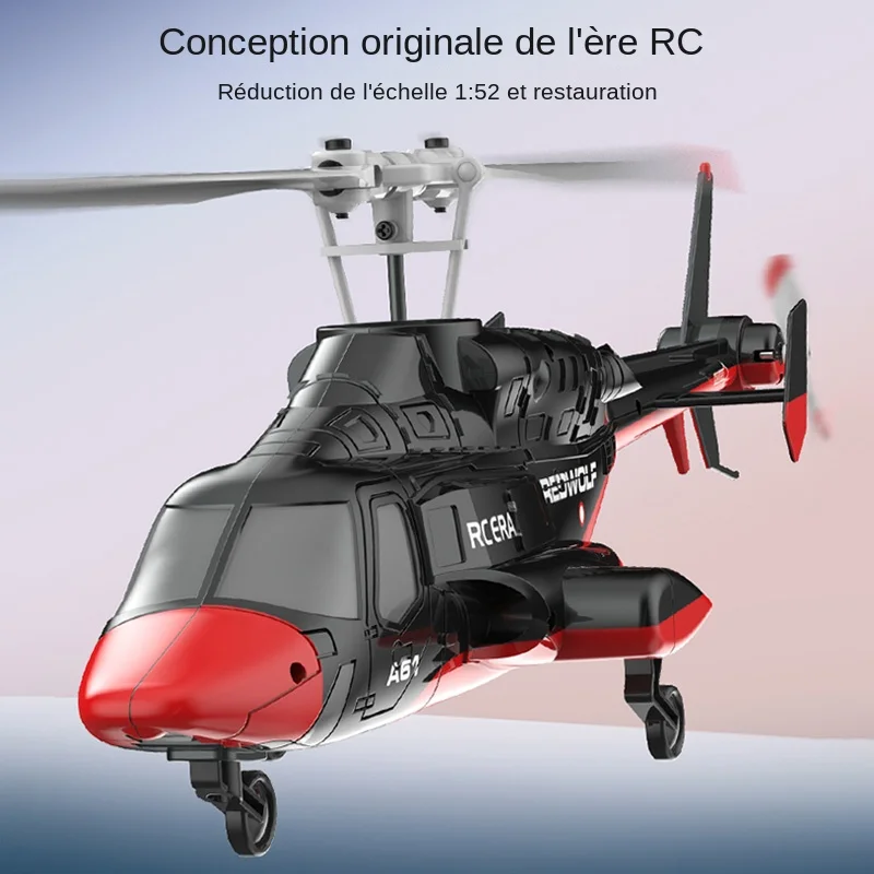 Vue rapprochée de l'hélicoptère RC A61 montrant son design et ses capteurs de maintien d'altitude
