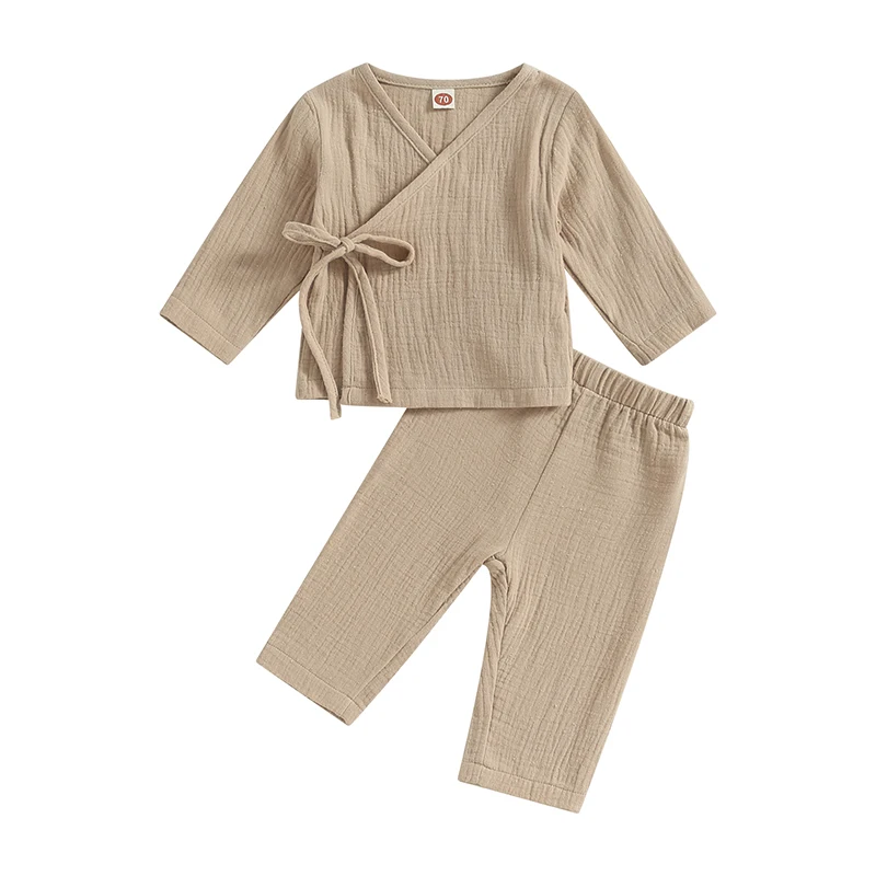 

Infant Baby Girl Boy Fall Cotton Linen Clothes Long Sleeve Kimono Tops and Pants 2PC Plain Basic Outfits Lounge Set