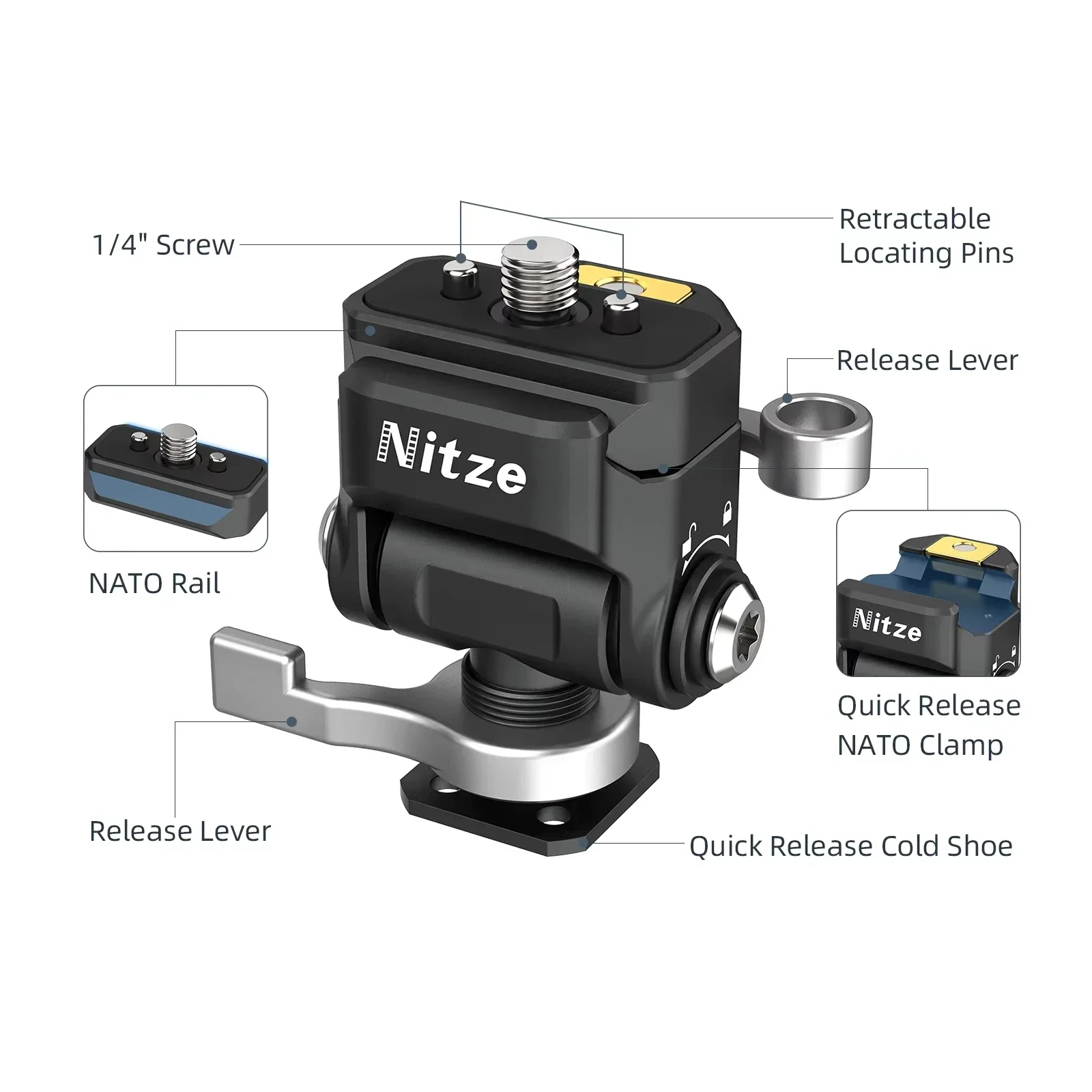 Nitze N54-S1 모니터링 브래킷 1/4 나사가 있는 퀵 릴리스 모니터 마운트 NATO 클램프 및 NATO 레일