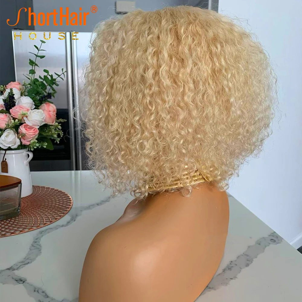 Human Hair Wigs Blonde Curly Pink Colored Short Bob Transparent Lace Bleached Knots Pre Plucked 613 Hair for Women