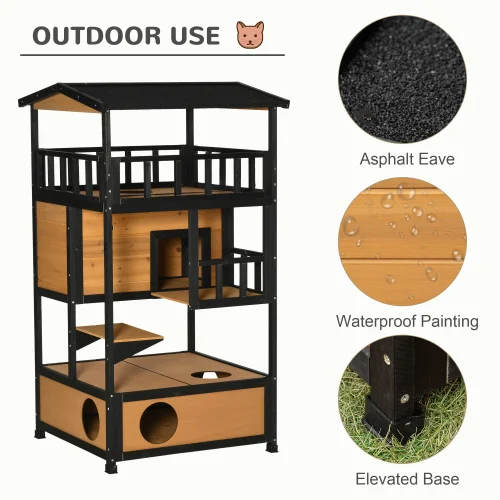 High-quality Wooden Outdoor Cat House, Wild Cat Shelter, Asphalt Roof Kitten Tree With Escape Door, Suitable For Apartments.