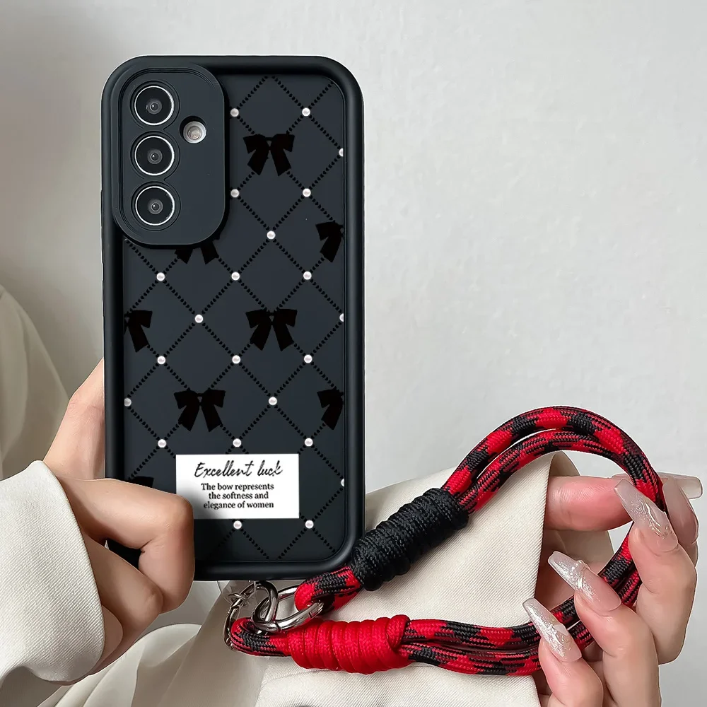Elegant Wrist Chain Lanyard Phone Case with Grid Pattern and Bow Design