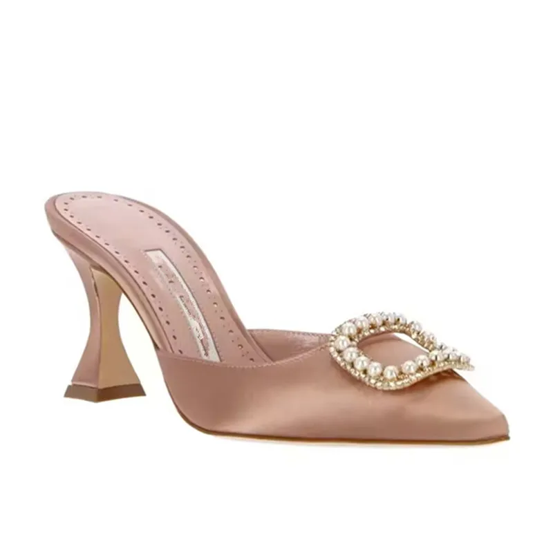 Women's slippers Spring/Summer 2023 New style high heel rhinestone square button pointy fashion banquet thin heel Baotou slipper