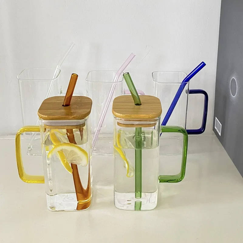 350ML Square Mug With Lids and Straws Single Colored Handle Layer Drinking Glass Cups For Iced Coffee Milk Bubble Tea Water glass cup square mug