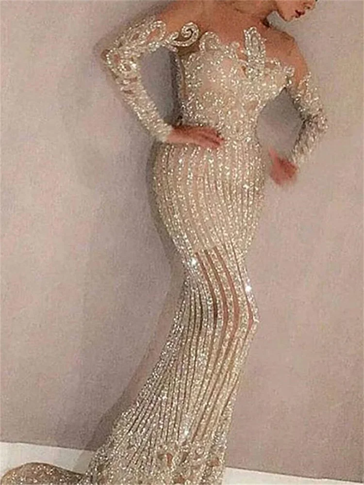 

Maxi Dresses for Women 2023 New Fashion Long Sleeve Floor Length Evening Dresses Elegant Slim Sequins Vintage Dress