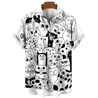 Men's Short Sleeve Shirt Fashion Cartoon Line Cat Pattern Print Top Women's Casual Button Shirt Top 2