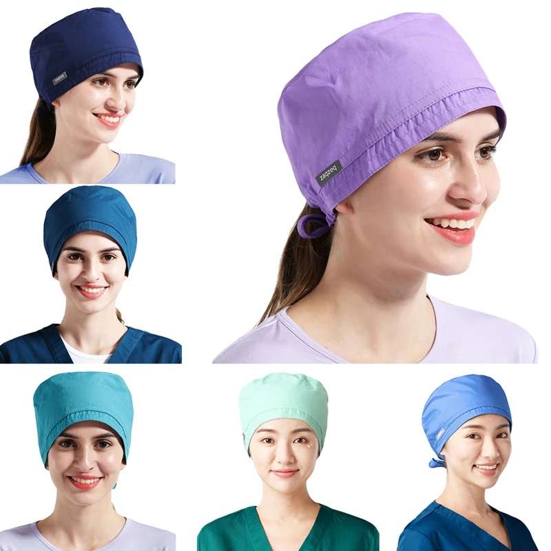 

Women Men Solid Color Scrub Hat Flat Top Adjustable Tie Back Dentist Beauty Doctor Nurse Working Bouffant with Sweatband