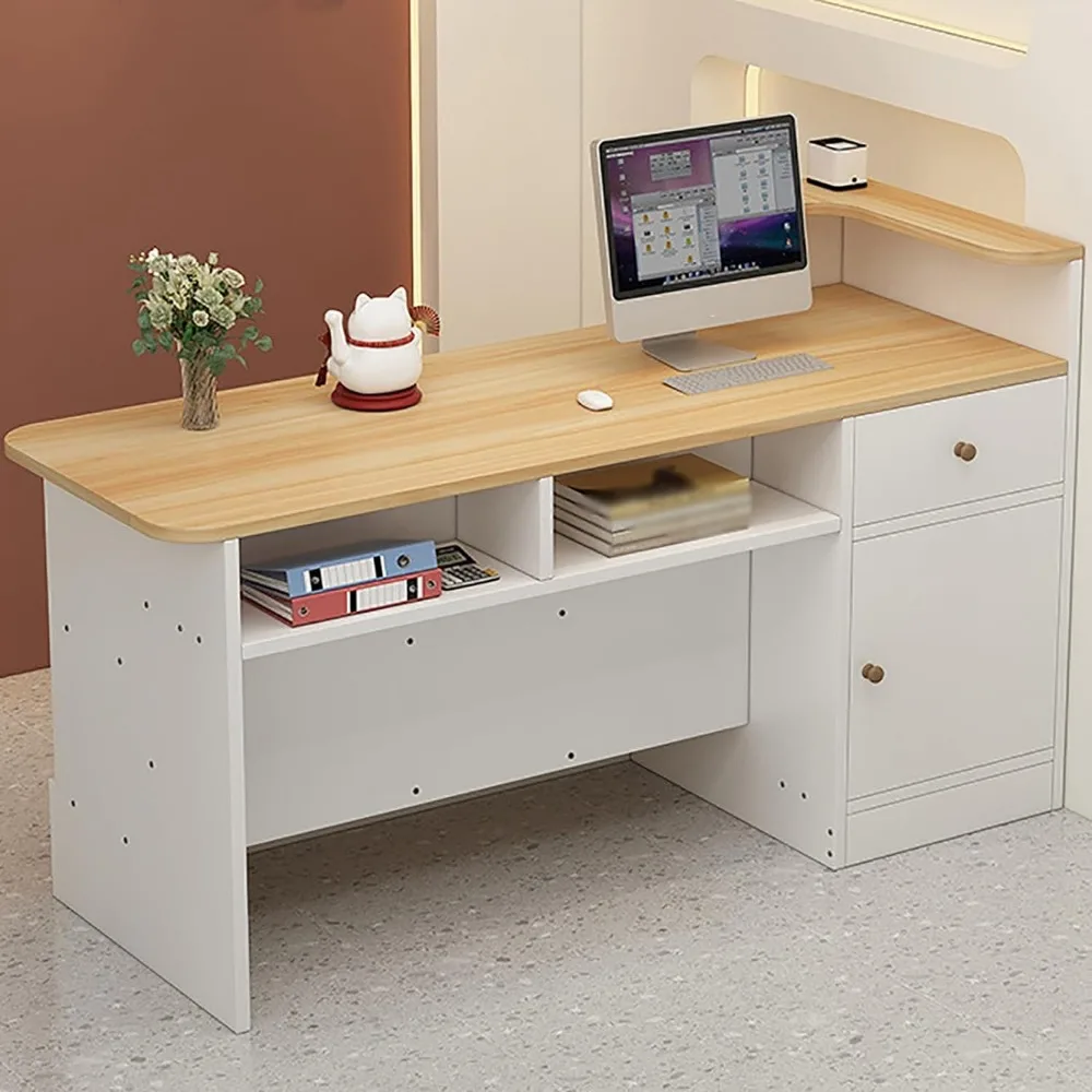 Reception Counter Desk, Modern Retail Counter, Front Desk Reception Room Table, Retail Counter with Display Shelf & Drawers