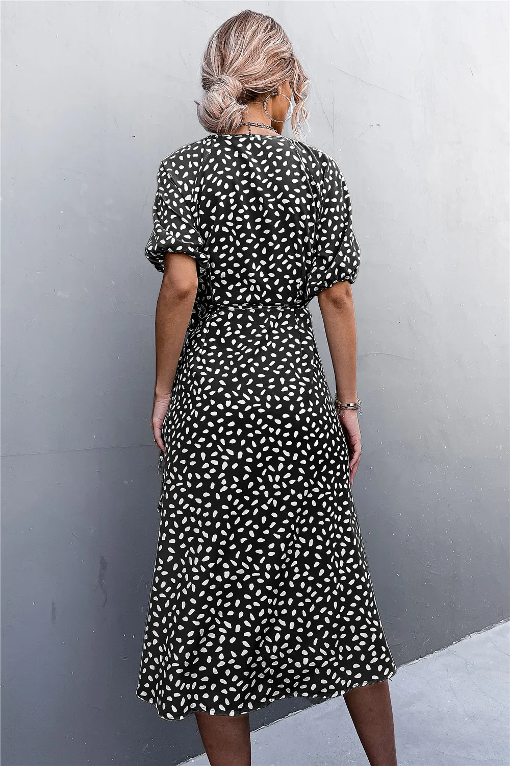 Casual Women Chiffon Dress V Neck Side Wrap Midi Dress Summer Polka Dot Dress Female Puff Sleeve Boho Fashion A-line Split Dress