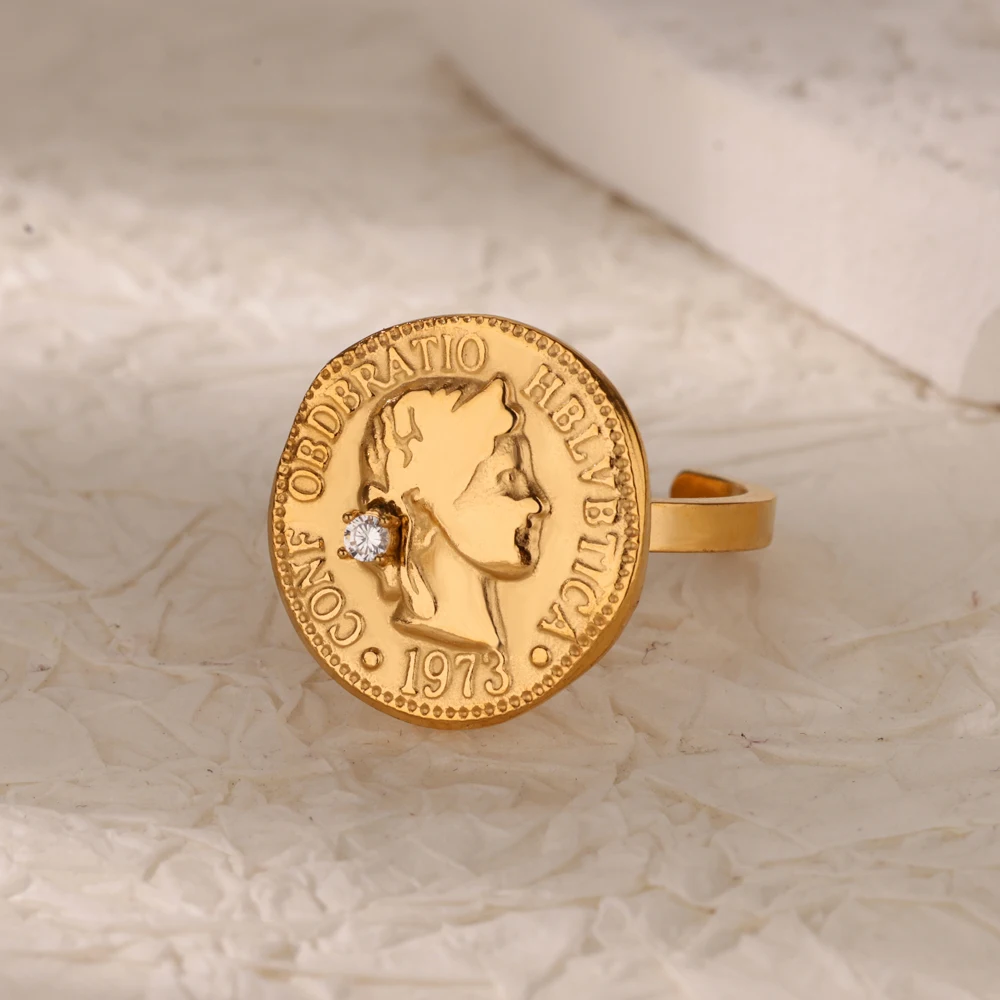 Zircon Round Portrait Rings Gold Color Stainless Steel Womens Opening Ring