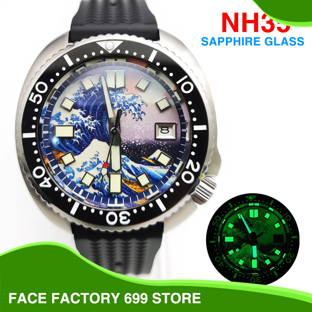 

43mm Mens Automatic Mechanical Watch NH35 Caliber Full Screen Luminous Kanagawa Dial Sapphire Glass Waterproof Sports Men's