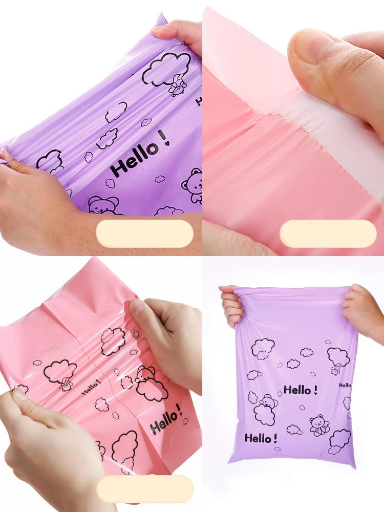 50Pcs Purple Color Plastic Logistics Mailing Bag HELLO Bear Printing Courier Mail Bag Self Seal Express Party Gifts Storage Bags
