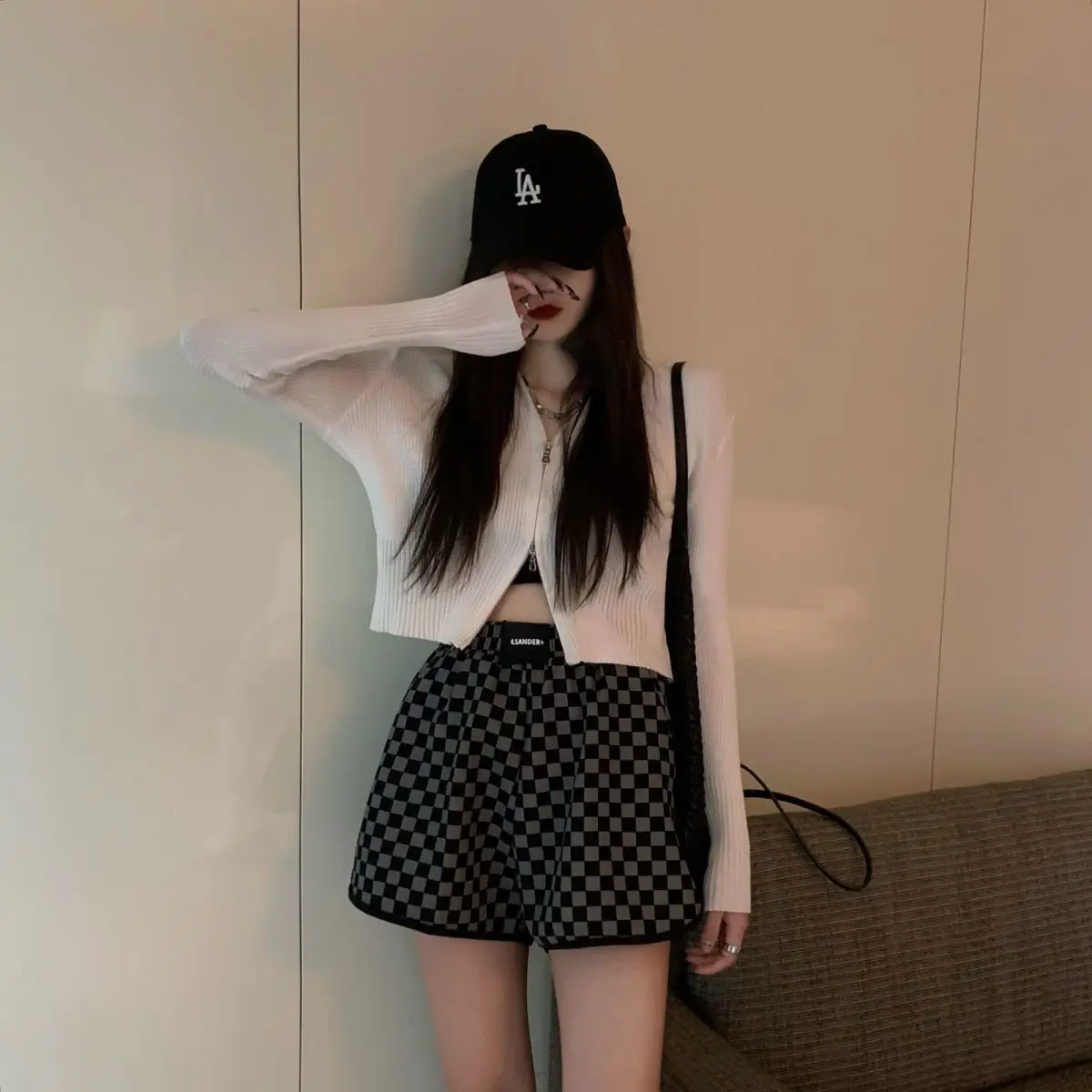 bike shorts women Casual pants women's new checkerboard high waist slim sports shorts fashion dress
