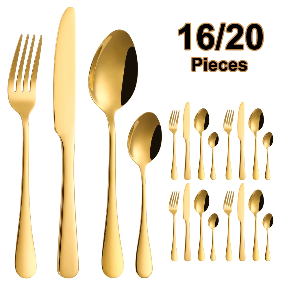 Gold Cutlery Dinner Set Stainless Steel Tableware Mirror Western Knife Fork Spoon 8/12/16/20Pcs