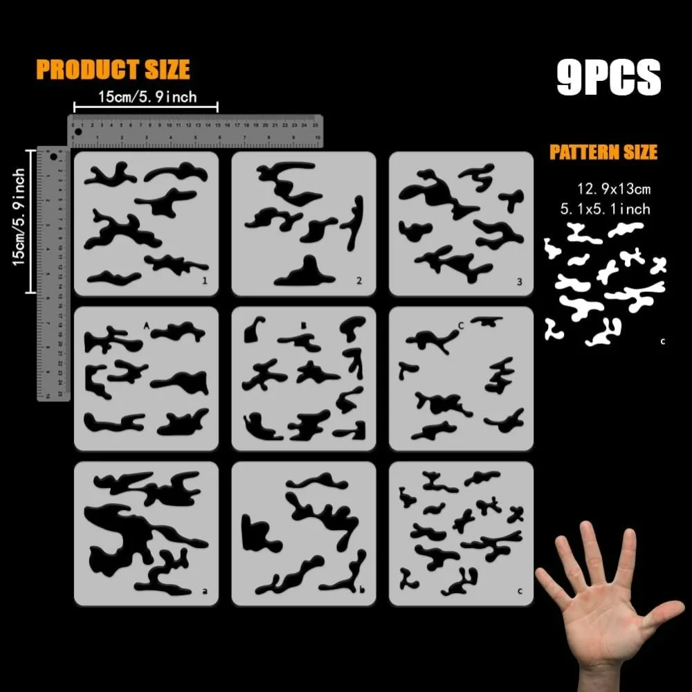 재사용 가능한 레이어드 위장 스텐실, 카모 프린트 스프레이 드로잉 템플릿, DIY 아트 위장 패턴 홈, 9 개, 5.9x5.9 인치