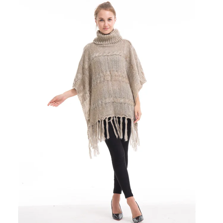 Autumn Winter High Collar Tassel Warm Knitting Cape Versatile Women Sweater Fashion Street Poncho Lady Capes Beige Cloaks