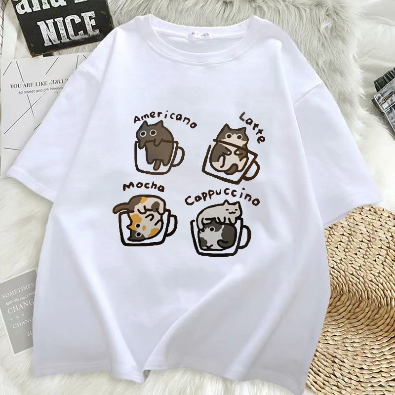 Street Cat Coffee Trendy Summer Loose Short Sleeved T-shirt Men Women Original Mocha Latte Cat Three Flowers Fun Cat Tees Top
