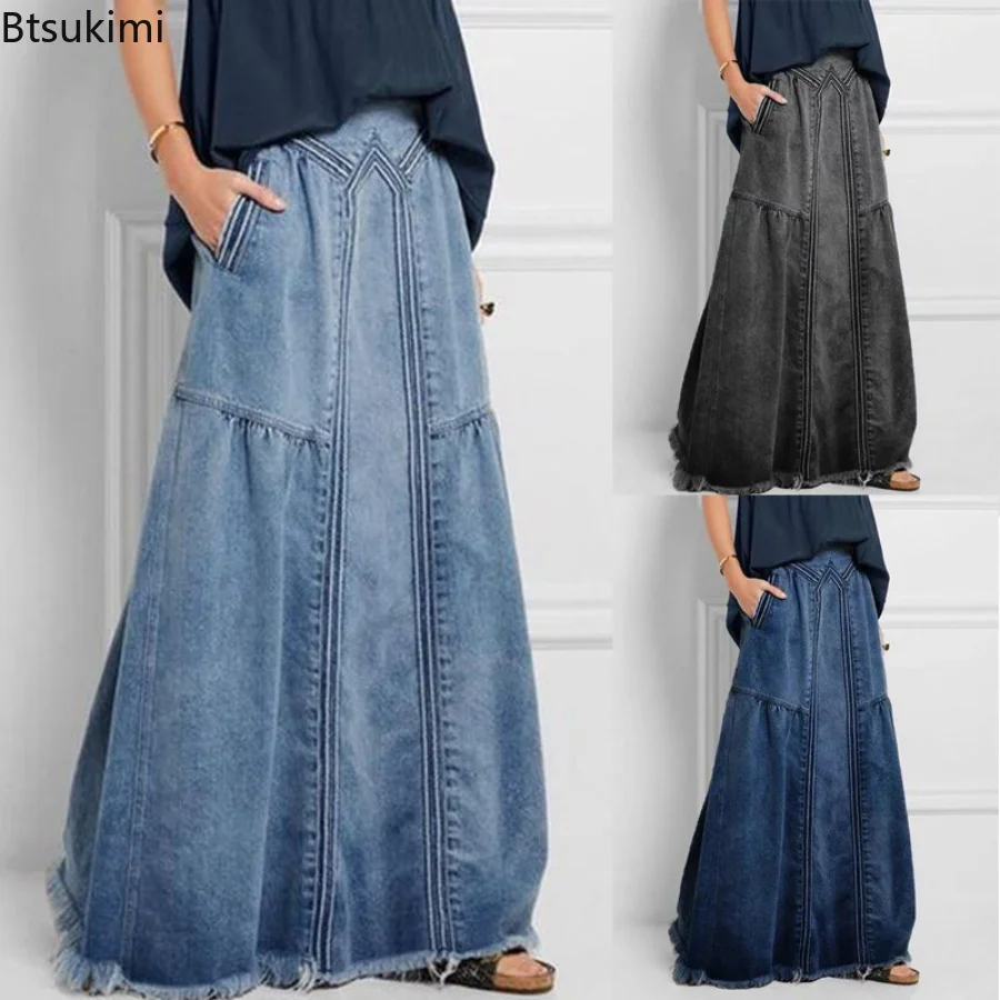 

New2023 Women's Denim Skirt Oversized A Line Street Jeans Skirt Female All Match Casual Sun Skirt High Waist Women's Long Skirt